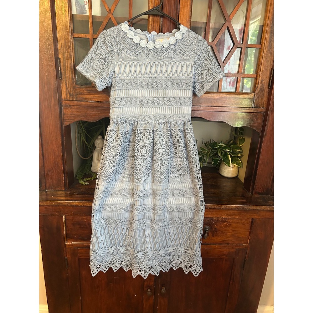 Jessakae Women's Blue Lace Dress, Short Sleeve Scalloped Neckline - Picture 2 of 5